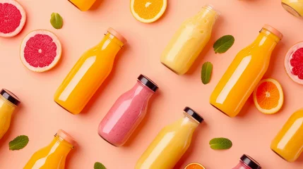 Fotobehang top view, assorted smoothies in bottles with fruits © Klay