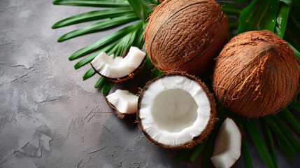 Obraz na płótnie Canvas Fresh coconuts on a Studio background, creative flat lay healthy food concept, Free Copy Space