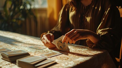A woman lays out dark tarot cards on the table, fortune telling, predicting the future. Esoteric and mystical theme in modern world - obrazy, fototapety, plakaty