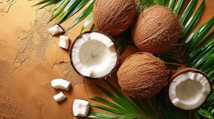 Obraz na płótnie Canvas Fresh coconuts on a Studio background, creative flat lay healthy food concept, Free Copy Space