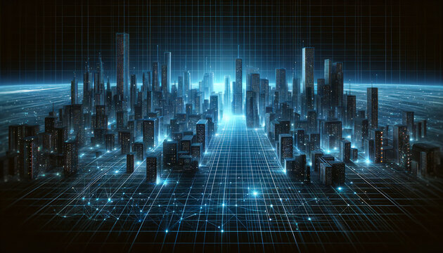 A digital illustration of a futuristic cityscape with glowing structures, representing advanced urban development