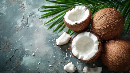 Fresh coconuts on a Studio background, creative flat lay healthy food concept, Free Copy Space - obrazy, fototapety, plakaty