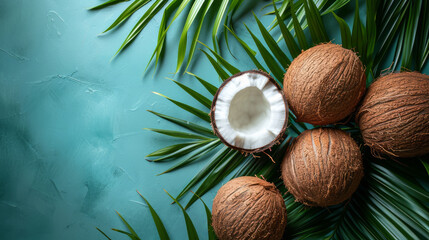 Fresh coconuts on a Studio background, creative flat lay healthy food concept, Free Copy Space - obrazy, fototapety, plakaty