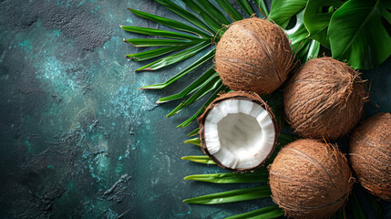 Fototapeta na wymiar Fresh coconuts on a Studio background, creative flat lay healthy food concept, Free Copy Space