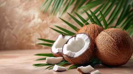 Fresh coconuts on a Studio background, creative flat lay healthy food concept, Free Copy Space