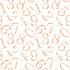 Seamless pattern of watercolor illustration collection of peach numbers from 1 to 0. Hand painted elements drawing on white background. For fabric, sketchbook, wallpaper, wrapping, design.