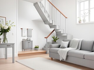 Adorable grey sofa in stairwell-facing space. Modern living room interior design in a Scandinavian home.