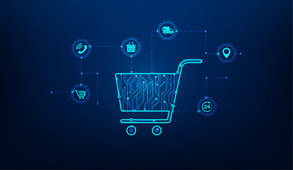 shopping cart online technology symbol on blue background. business e-commerce delivery digital. payment buy online concept. vector illustration hi-tech line and dot concept. © Yellow duck
