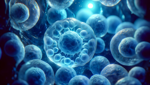A digital illustration of cells or bubbles in a blue, microscopic environment