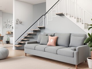 Adorable grey sofa in stairwell-facing space. Modern living room interior design in a Scandinavian home.