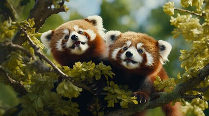 A detailed rendering showcases a pair of red pandas frolicking in the treetops, their playful...