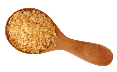 Close up scoop of brown cane sugar on white