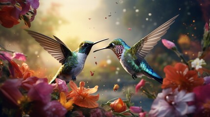 A detailed rendering showcases a pair of hummingbirds sipping nectar from a cluster of colorful flowers