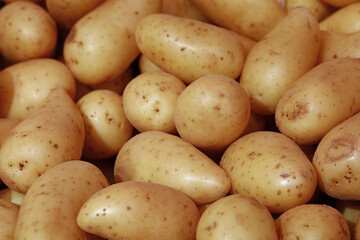 Close up heap of new potato at retail display