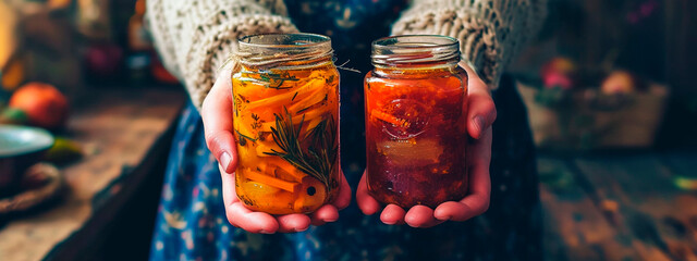 Cans of preserved food at home in hands. Selective focus. - obrazy, fototapety, plakaty