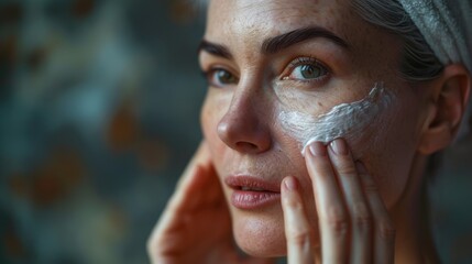 Healthy woman's face applying cream and makeup skin care cream advertisement Anti-aging