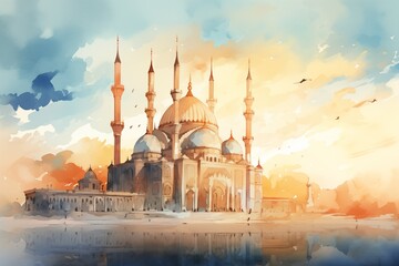 Watercolor mosque and sunset - obrazy, fototapety, plakaty