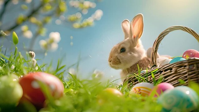 Easter bunny with basket and colorful eggs in green fresh grass. Colorful bright blue sky. Easter egg hunt greeting card. 3d Illustration of bunny collecting Easter eggs grassland on blue background C