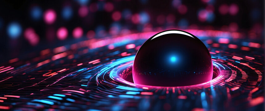 A spherical object on a surface with glowing concentric digital patterns, implying advanced technology