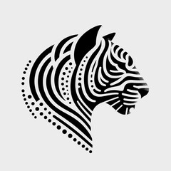 Abstract black and white tiger profile with decorative stripes and dots, modern minimalist wildlife illustration, elegant feline silhouette design, animal art for creative graphic projects