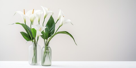 Minimalist floral composition of peace lilies in glass bottle on white background. Elegant white decor with a geometric concept. Houseplant aesthetic.