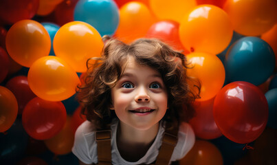 Fototapeta na wymiar Joyful Child Surrounded by a Sea of Colorful Balloons Looking Up with Delight and Anticipation, Symbolizing Childhood and Celebration