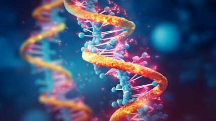 a dna strand with blue and pink balls - obrazy, fototapety, plakaty