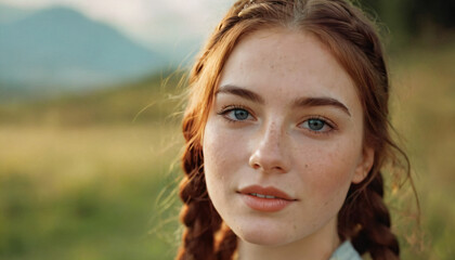 Young Charming Woman with Freckles, Multi-colored Eyes, and Braided Hair - Playful Headshot with Soft Light