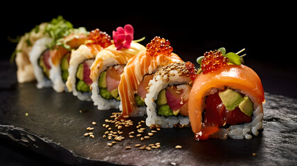 a row of sushi rolls - Powered by Adobe