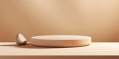 Minimalistic display of product on beige background with an empty stone platform.