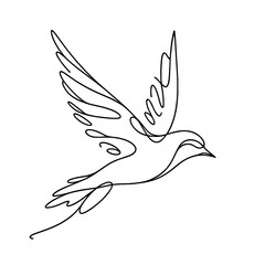 Minimalistic single line illustration of flying bird on white background