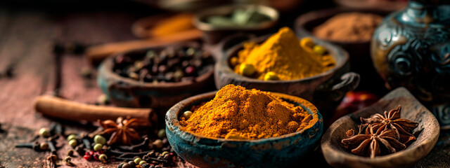 spices of Indian cuisine. Selective focus. - obrazy, fototapety, plakaty