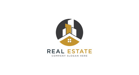 Black and Gold Real Estate Logo Design. Flat Vector Logo Design Template Element for Construction Architecture Building Logos.