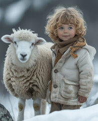 Little Boy Standing Next to Snowy Sheep. A boy stands in the snow beside a fluffy white sheep.