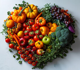Heart Shaped Fruits and Vegetables Arrangement. A Colorful and Healthy Delight