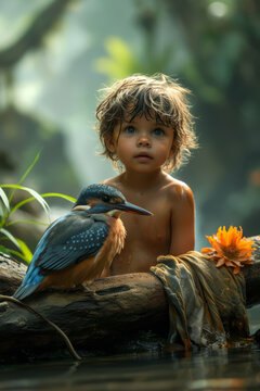 Young Boy Sitting on Tree Branch With Bird. A young boy sitting on top of a tree branch next to a bird.