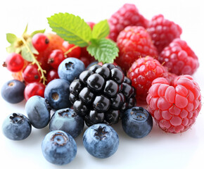Assortment of Raspberries and Blueberries on a Surface. A variety of raspberries and blueberries arranged on a surface.