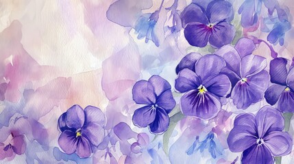 Fototapeta na wymiar Violets background : Represent faithfulness, modesty, and virtue, valentine theme, watercolor, big copy space.