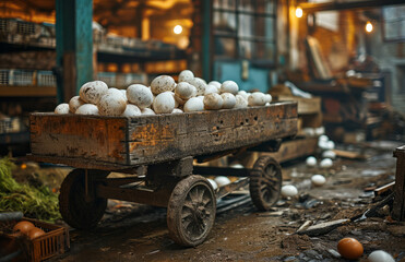 Wooden Cart Filled With Abundance of Fresh White Eggs. A wooden cart brimming with an abundance of fresh, white eggs.
