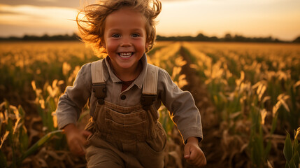 a child running in a field - obrazy, fototapety, plakaty