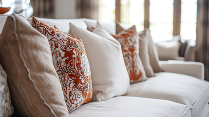 Close up of fabric sofa with white and terra cotta pillows. French country home interior design of modern living room