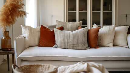 Close up of fabric sofa with white and terra cotta pillows. French country home interior design of modern living room