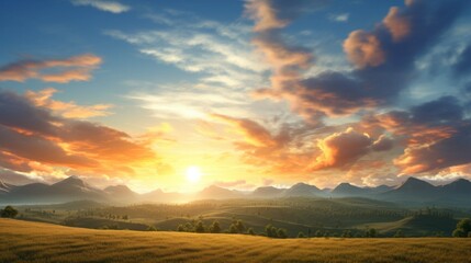 Naklejka na ściany i meble A 3D-rendered image captures a radiant sunrise over a serene countryside, painting the world in warm hues