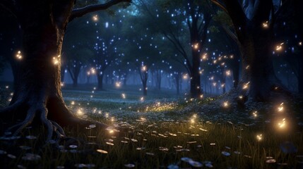 In this realistic 3D render, a field of fireflies illuminates the night, creating a magical and enchanting scene