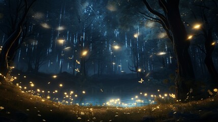 In this realistic 3D render, a field of fireflies illuminates the night, creating a magical and enchanting scene
