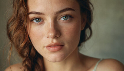 Young Charming Woman with Freckles and Multi-Colored Eyes - Playful Smile and Braided Hair in Soft Light Portrait