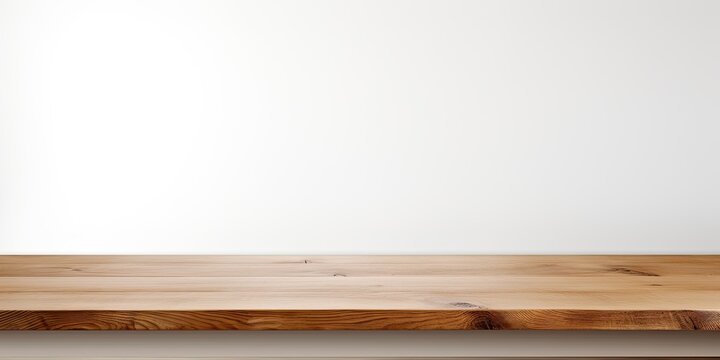 Empty wooden table with white background for showcasing or arranging your products.