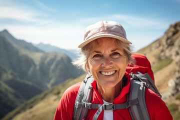 Fototapeta premium Close-up of a mid aged woman hiking in the mountains during summer. Landscape hiking shot. Hiking advertisement and hiking vacation tourism concept