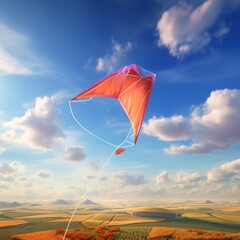 In this realistic 3D render, a kite soars high in the sky, its tail trailing behind in the wind.