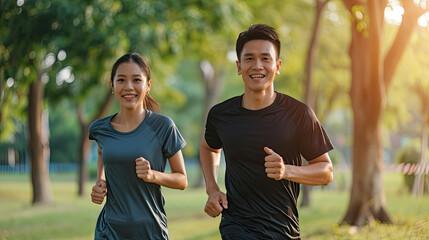 Asian male and female couple Exercise in the outdoor park in the morning. They are healthy, smiling and happy. fitness concept, health care - obrazy, fototapety, plakaty
